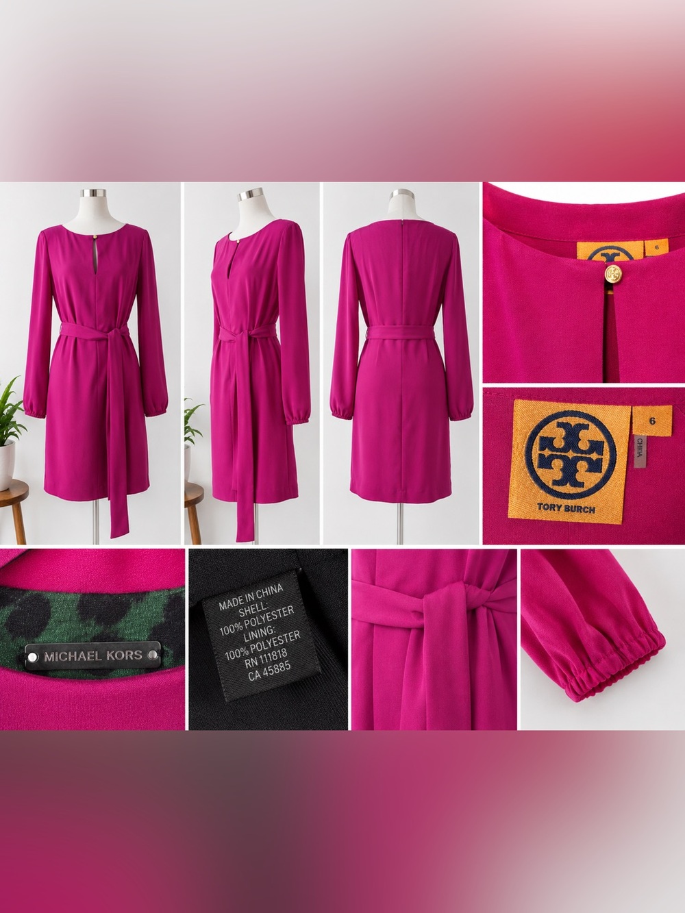 Tory Burch Fuchsia Long Sleeve Tie-Waist Dress